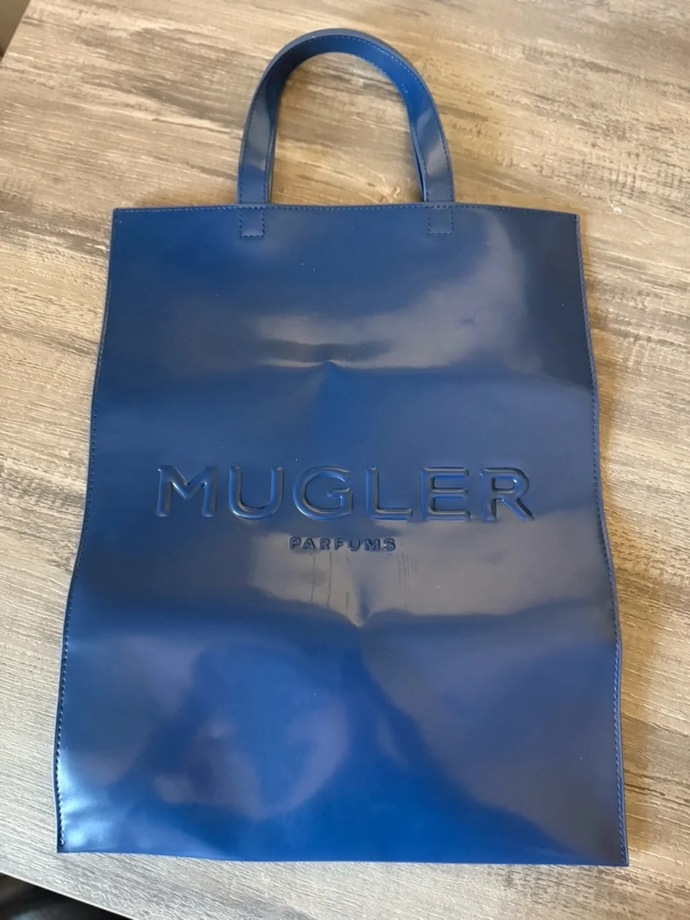 Mugler Deep Blue Leather Embossed Logo Tote